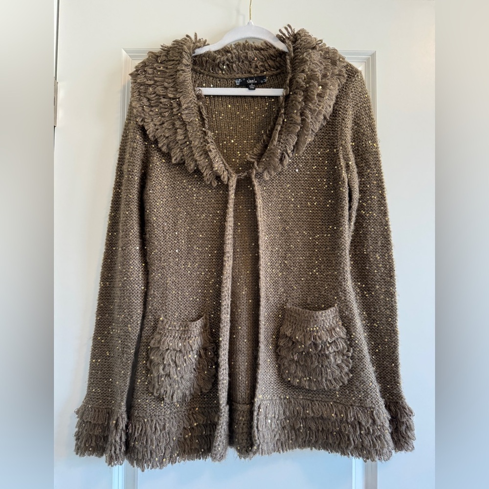 Brown Knit Cardigan with Fringe and Gold Sequins